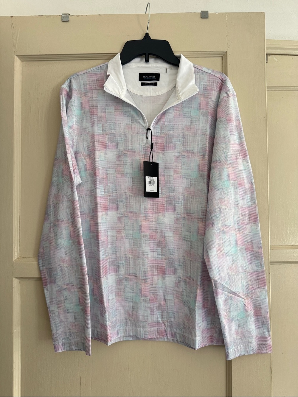 Bugatchi Men’s Pastel Geo-Print Quarter Zip Pullover White Collar Size S NWT